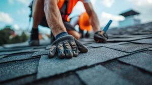 A person safely inspecting a residential roof from the ground, pointing at dark stains on asphalt shingles.
