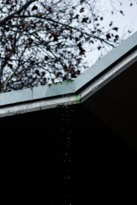 Rainwater flows through clean gutters into a downspout extension leading away from a house foundation.